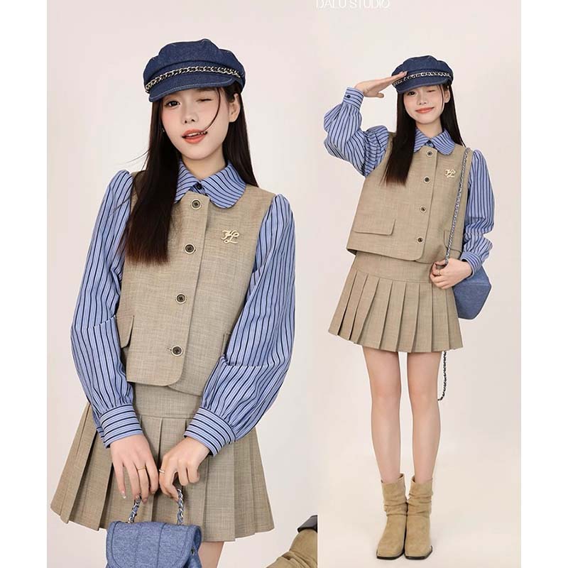 【柚一】【三件套】【有里布】学院风长袖条纹衬衫+马甲+百褶半裙QY0073