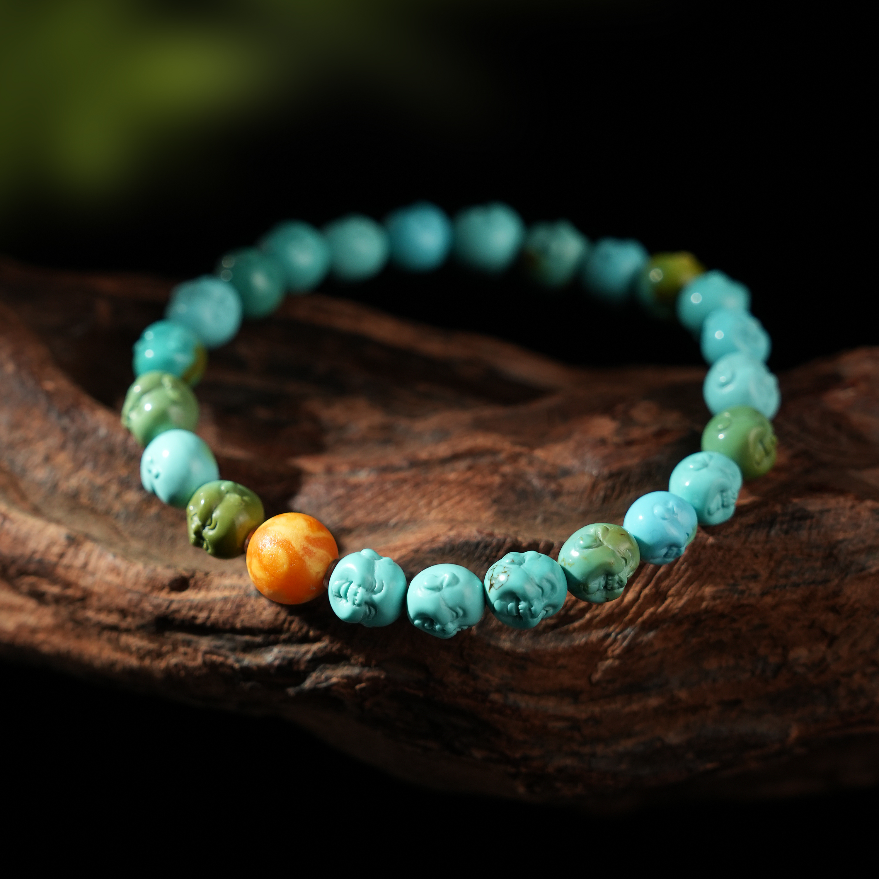 【壹芳珠宝】天然原矿绿松石雕刻佛头手串6-8mm