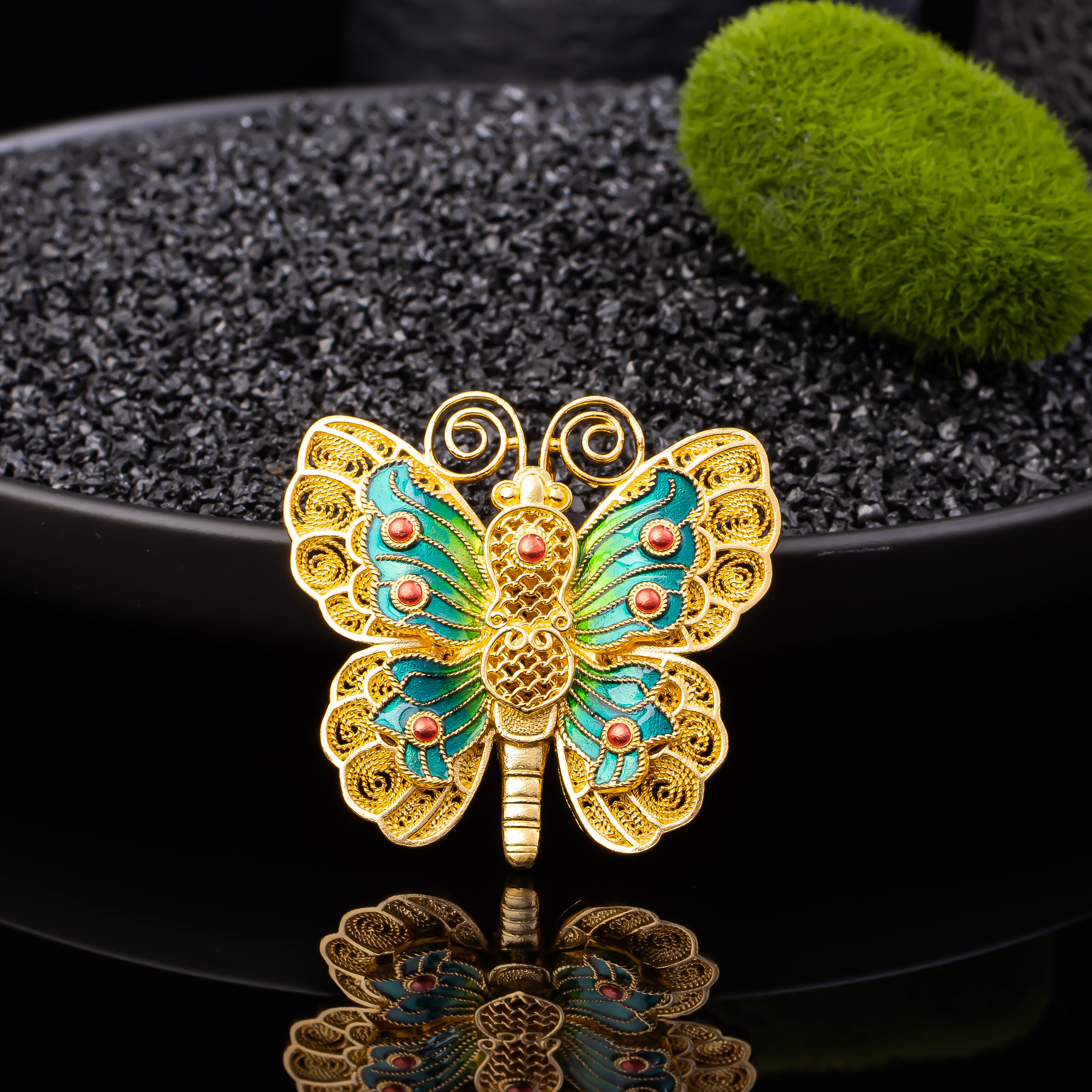 吊坠足银 古法花丝蝴蝶珐琅吊坠