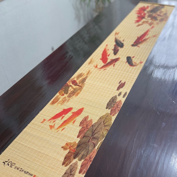 九鱼图茶席 细竹丝中式禅意荷花茶席竹制茶垫桌旗功夫茶具桌布