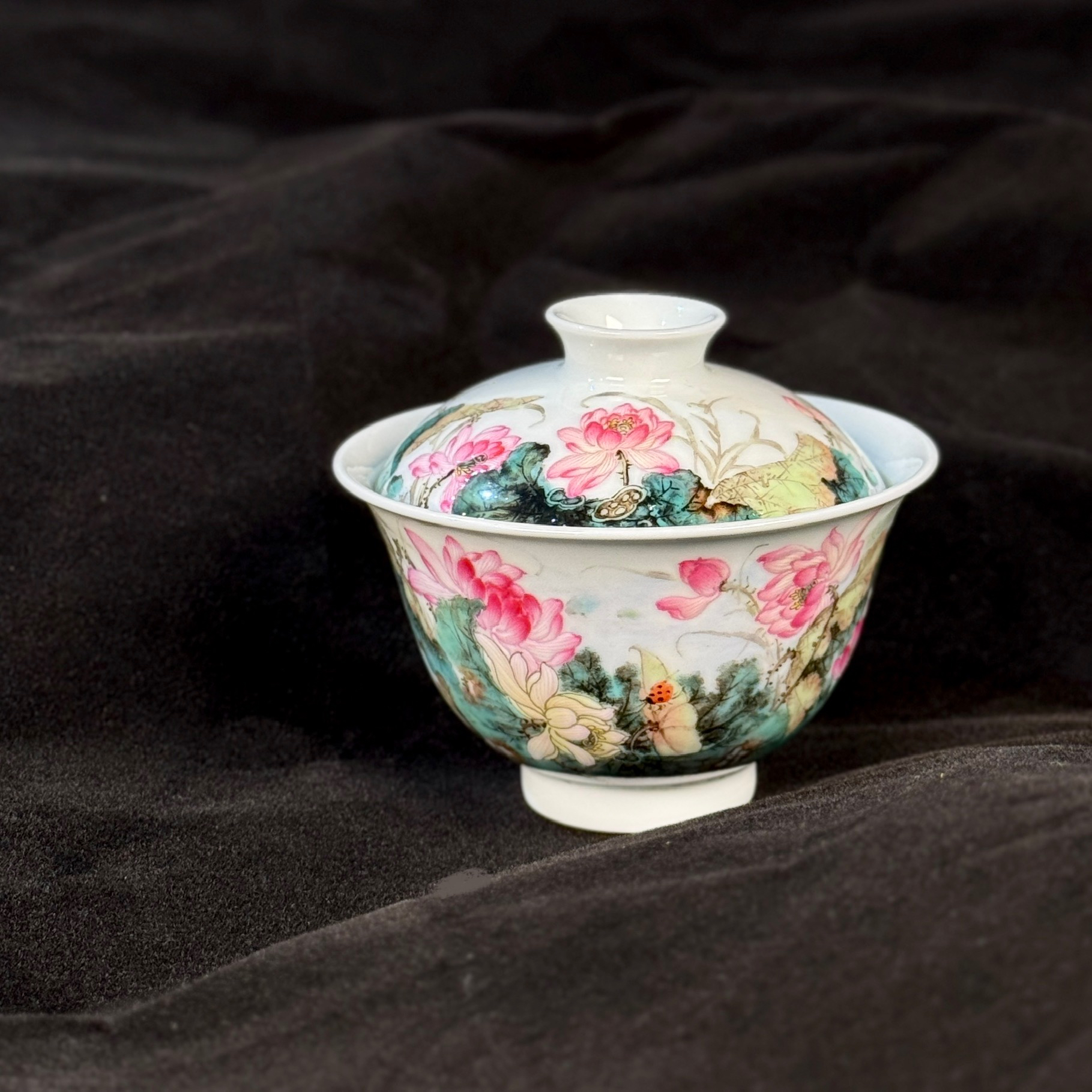 钟新春粉彩重工荷花国画满堂和气盖碗手绘全手工景德镇陶瓷茶具