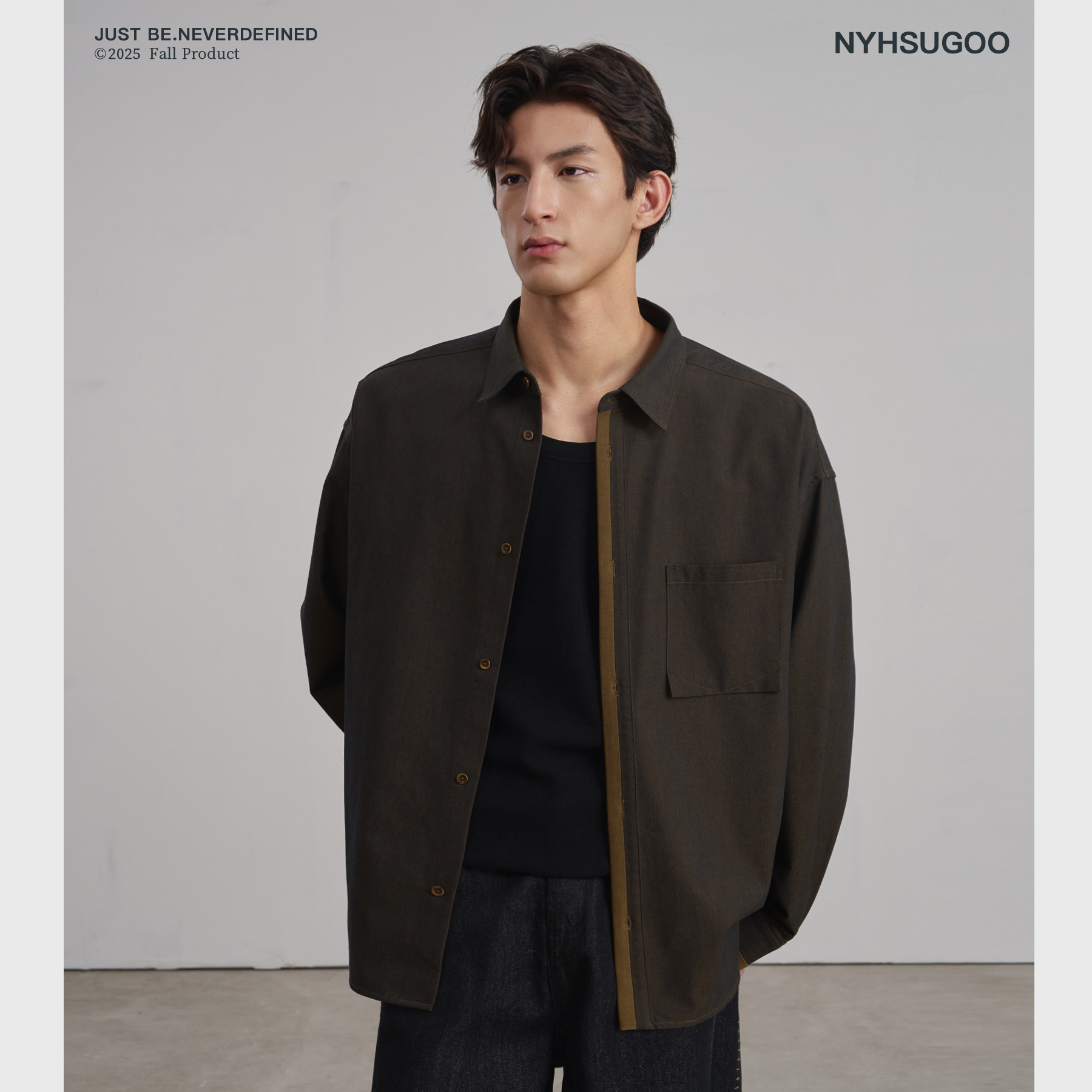 NYHSUGOO/南乙秋季定制双色纱长袖衬衫男士棉感3822茶棕色