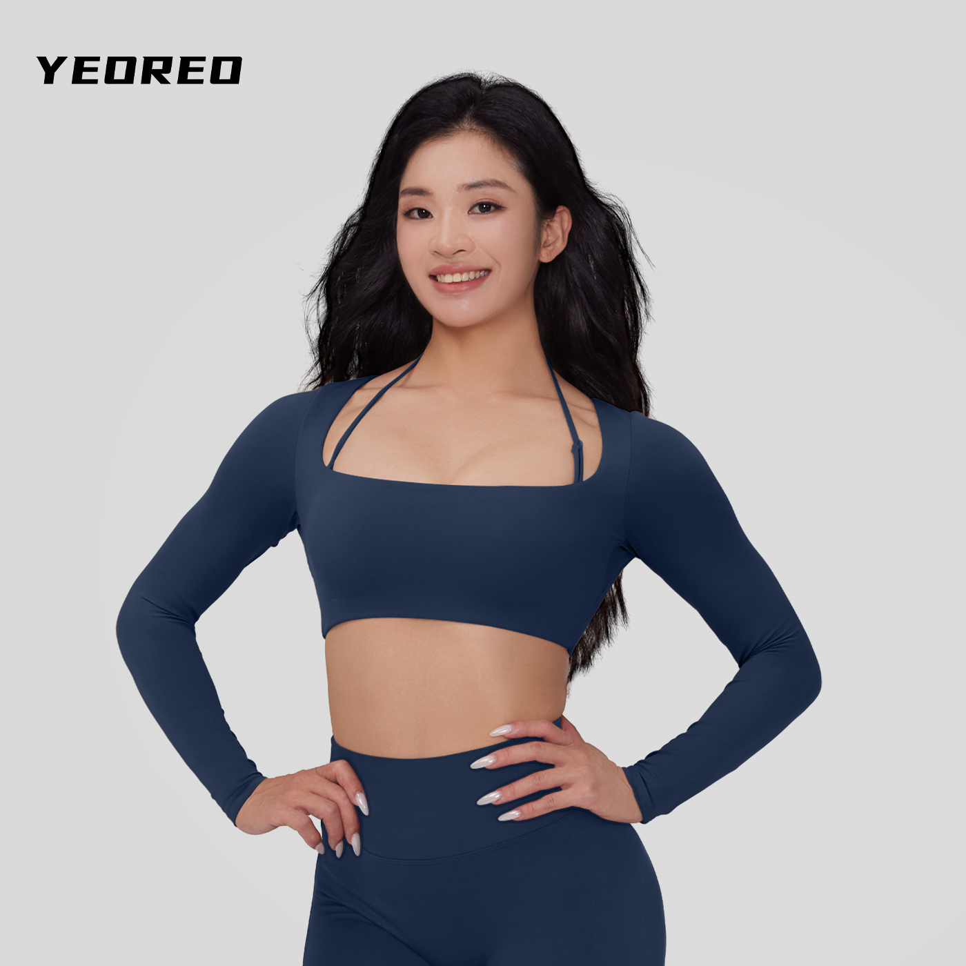 YEOREO短款露脐长袖上衣方领带可拆卸肩带显肩颈线条瑜伽健身日常