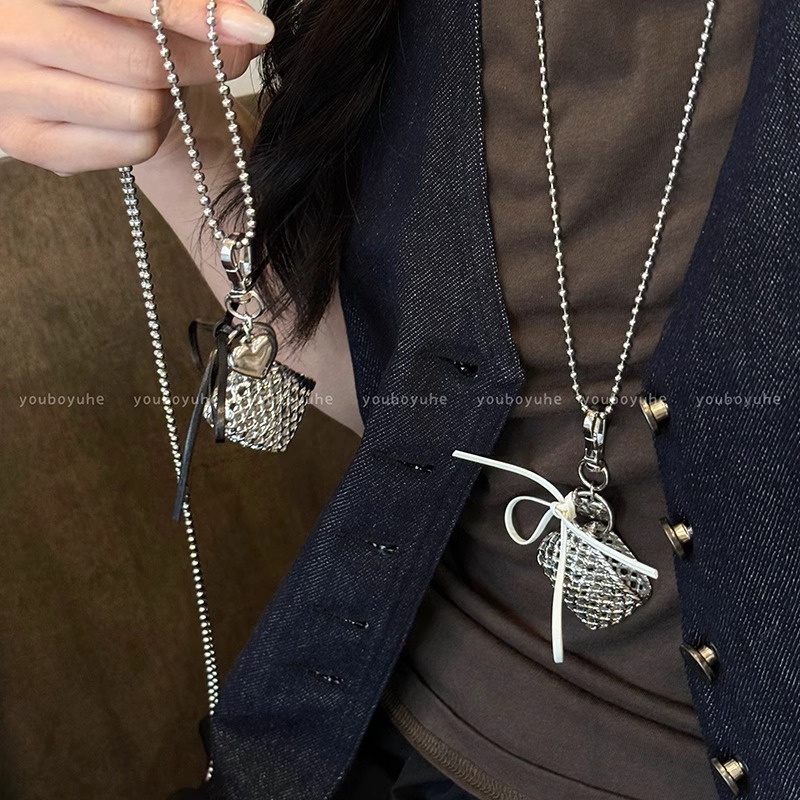 铜合金项链 银色编织爱心丝带包包项链女韩国长款斜挎卫衣链配饰 