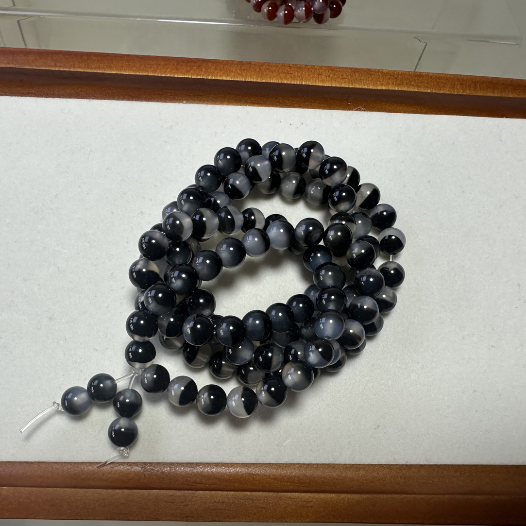 天然玛瑙 一线药师黑白半盆108粒 多圈可叠戴