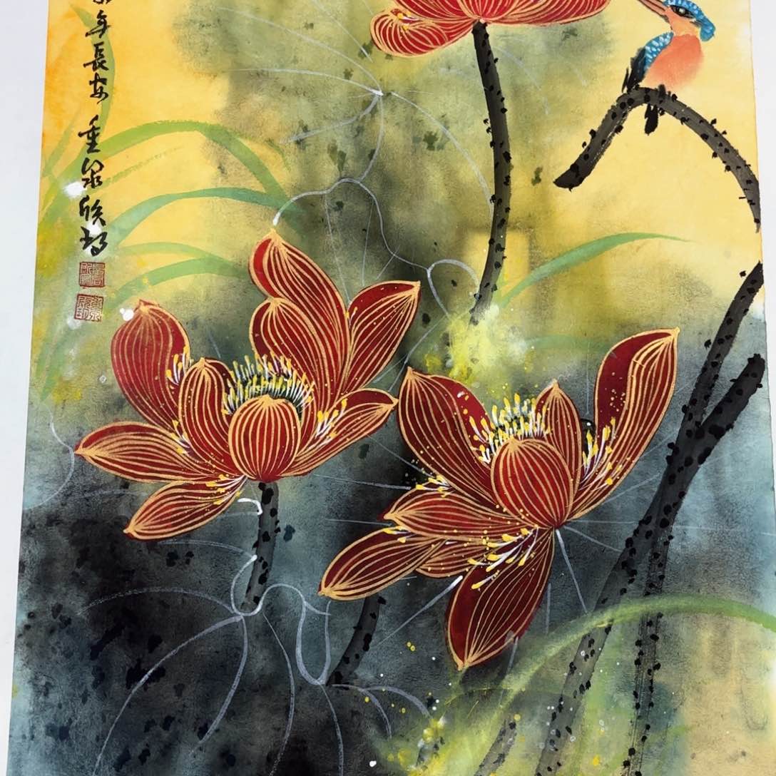 国画修*四尺三开花鸟花鸟