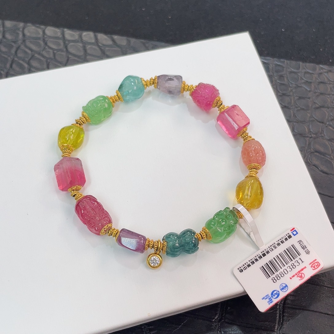 碧玺手链18K金镶嵌 荧光 多宝