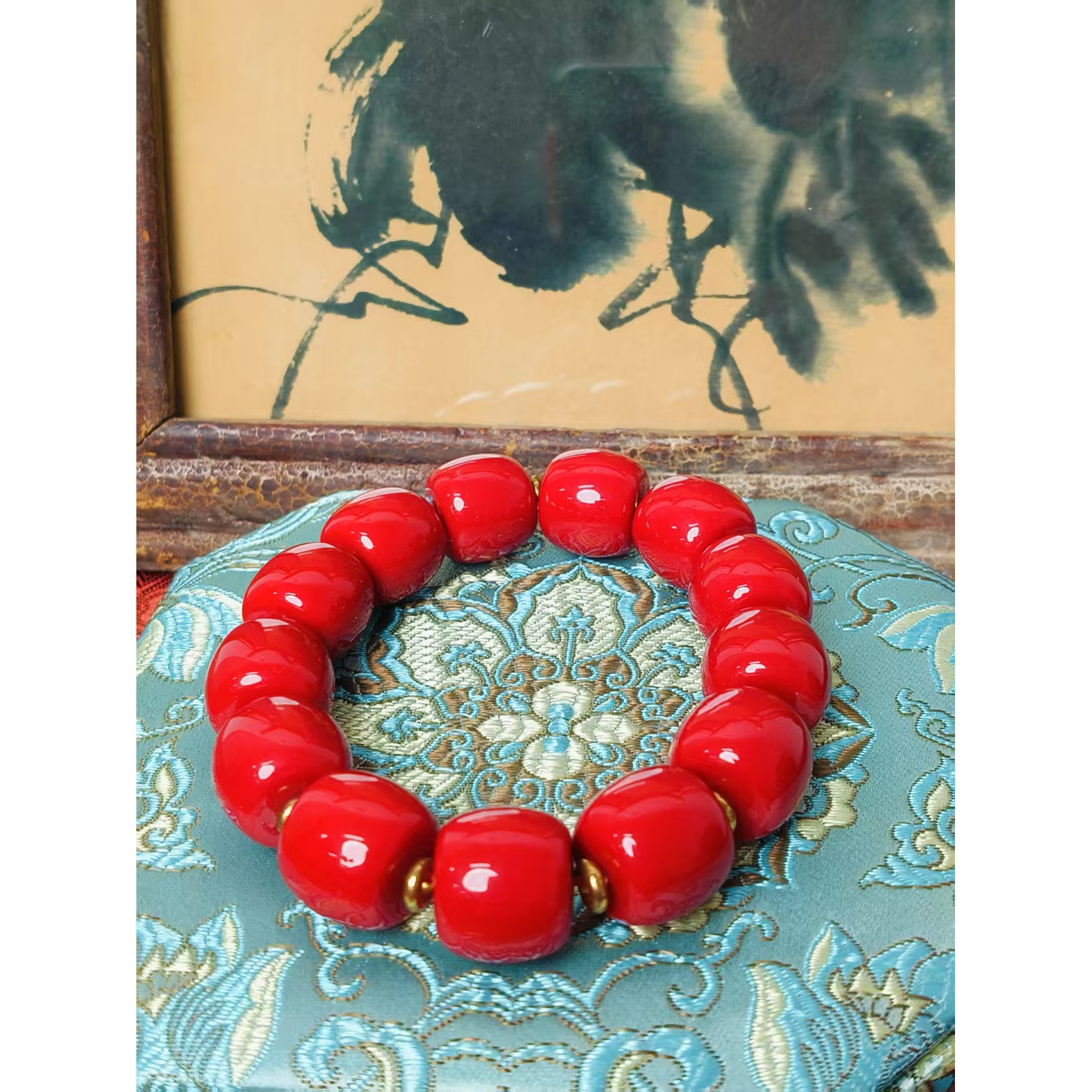 柒国风复古红桶珠手串