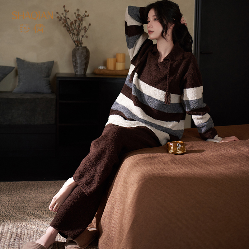 莎倩2025年新款半边绒女士睡衣秋冬季保暖加厚珊瑚绒可外穿家居服