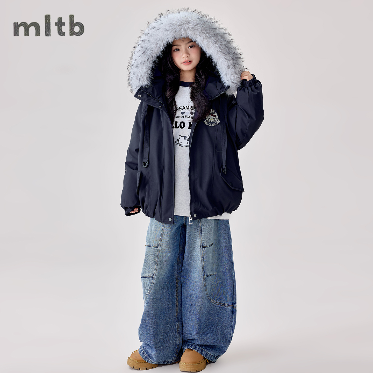 25MF057女童大毛领派克服2025冬季新款大童加厚棉服洋气保暖外套