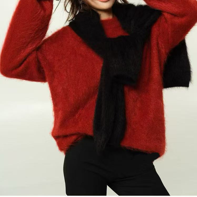 9911-1三炫家冬季新款拉毛绒工艺圆领宽松纯色百搭毛衣-