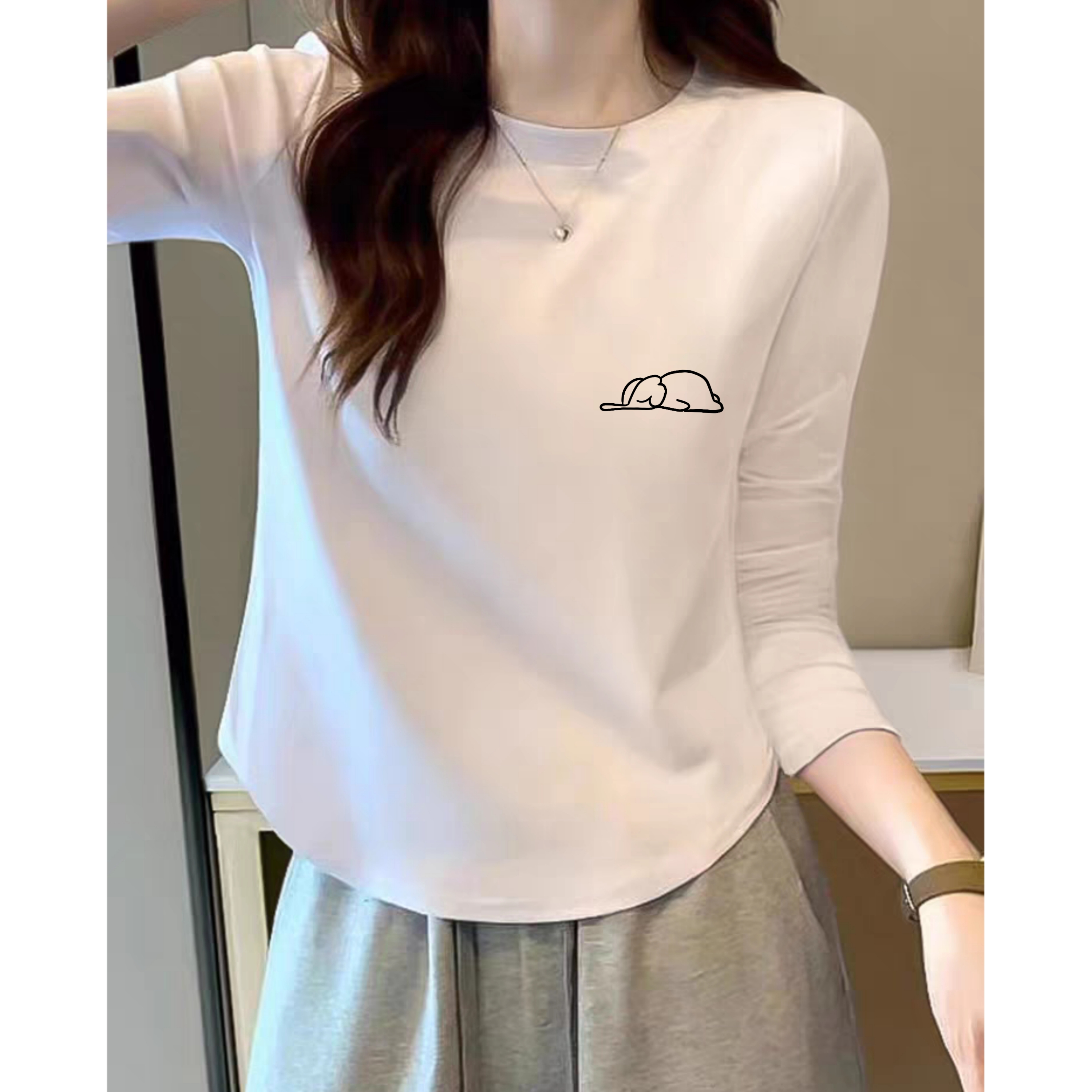 新款显瘦小个子独特女士纯棉打底衫女100%全棉长袖百搭小众设计感