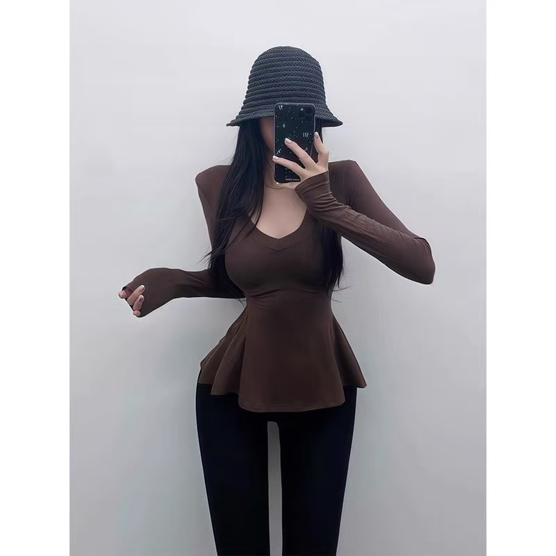 早秋辣妹长袖荷叶边下摆V领T恤收腰显瘦修身百搭款长袖 9090