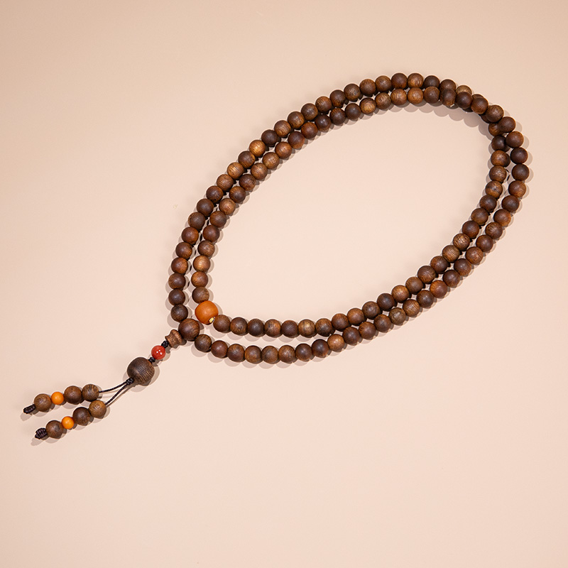 沉香“上海沉香国际”大屿山金丝黄奇楠108配蜜蜡南红ESCX459-白楠