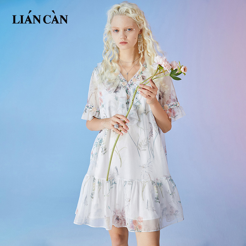 浪漫波西米亚前V领荷叶边雪纺短袖连衣裙71VF124027
