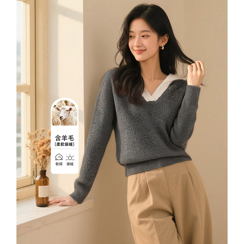 晚白2025年秋款时尚简约休闲毛衣翻领拼色含羊毛针织衫女25070514