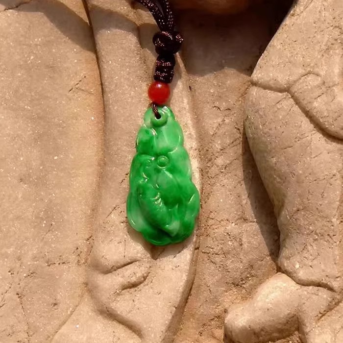 微=香3052天然A货缅甸老坑正阳绿翡翠荷叶鱼吊坠挂件鉴定证书复检