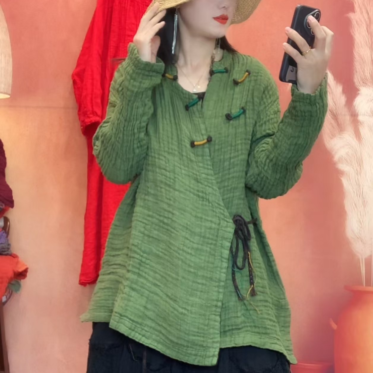 2026早春新款女亚麻材质禅意风文艺复古盘扣系绳复古斜襟休闲上衣