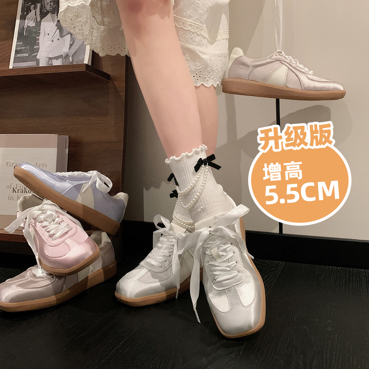 「稳叔」芭蕾主义【增高5.5cm】春季新款软底缎面方头德训女鞋子