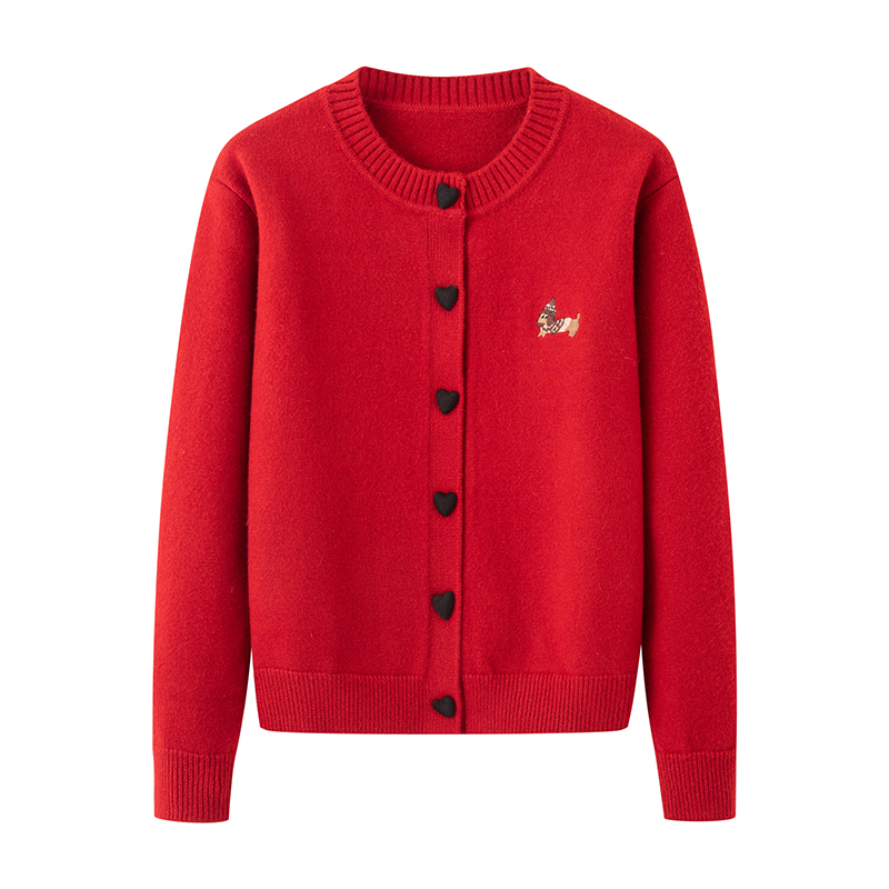 MM商场同款2025冬季新款时尚百搭圆领红色针织开衫毛衣女0091