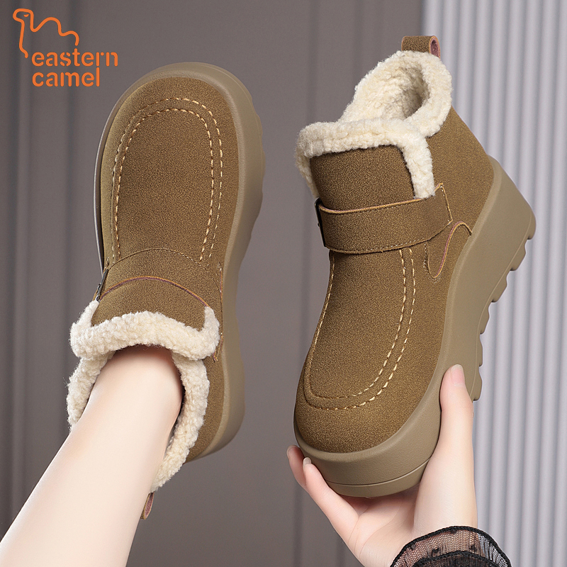 东方骆驼厚底加绒勃肯鞋女士新款冬季防滑增高毛绒保暖雪地靴棉鞋