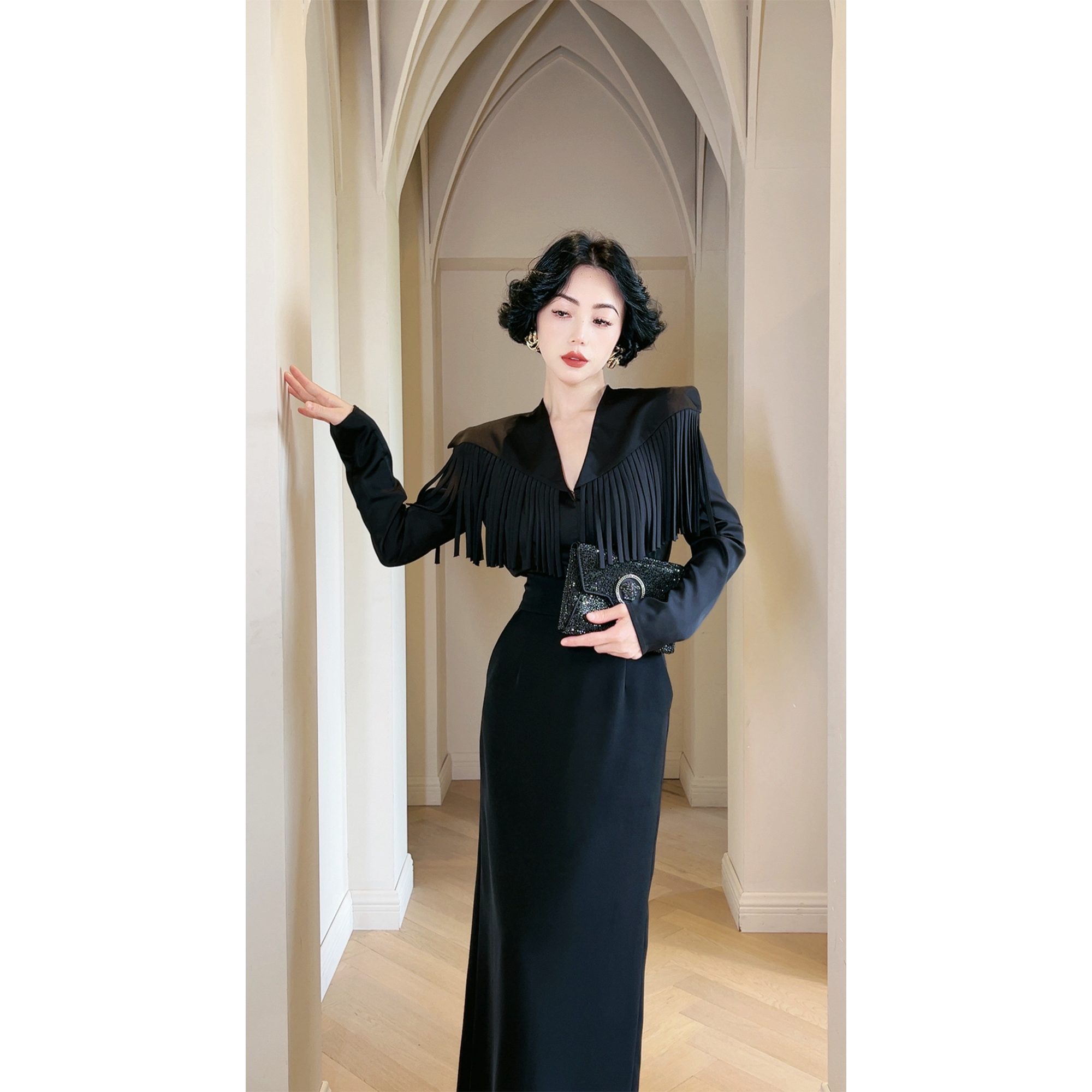 LYXJ【摩登复古女郎】春夏新款长袖透气直筒流苏气质时尚V领衬衫