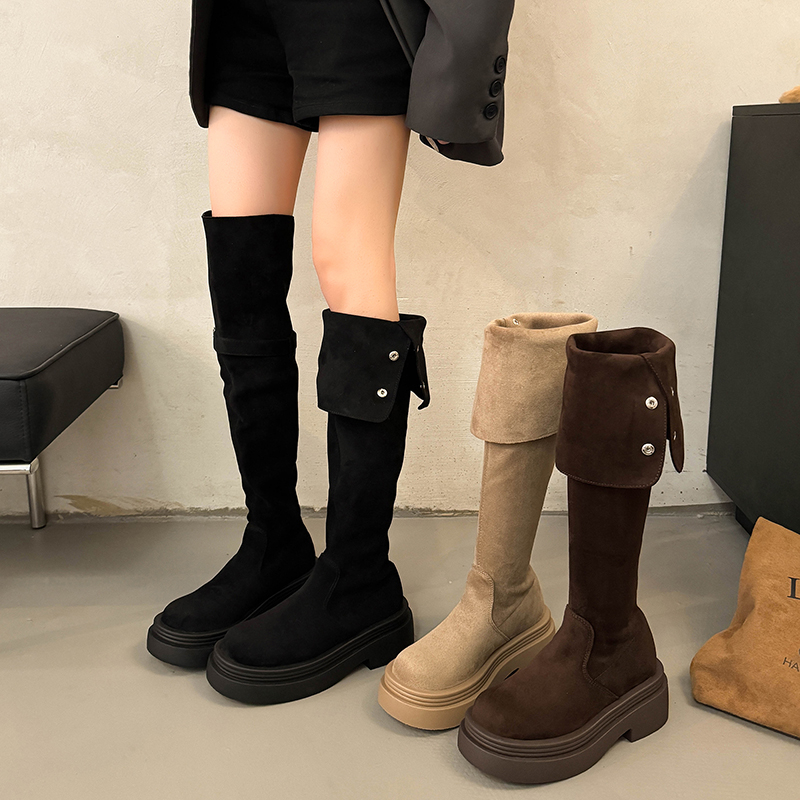 厚底长靴女2025秋冬新款过膝靴绒面长筒靴女显瘦高筒靴圆头骑士靴