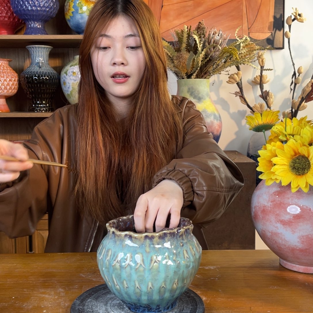 摆件陶瓷花瓶高13口11盘泥微瑕