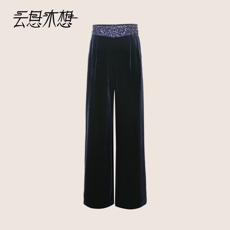 Ysimo-X云思木想 梦绒流光休闲裤 腰部珠片纱丝绒直筒裤长裤12541