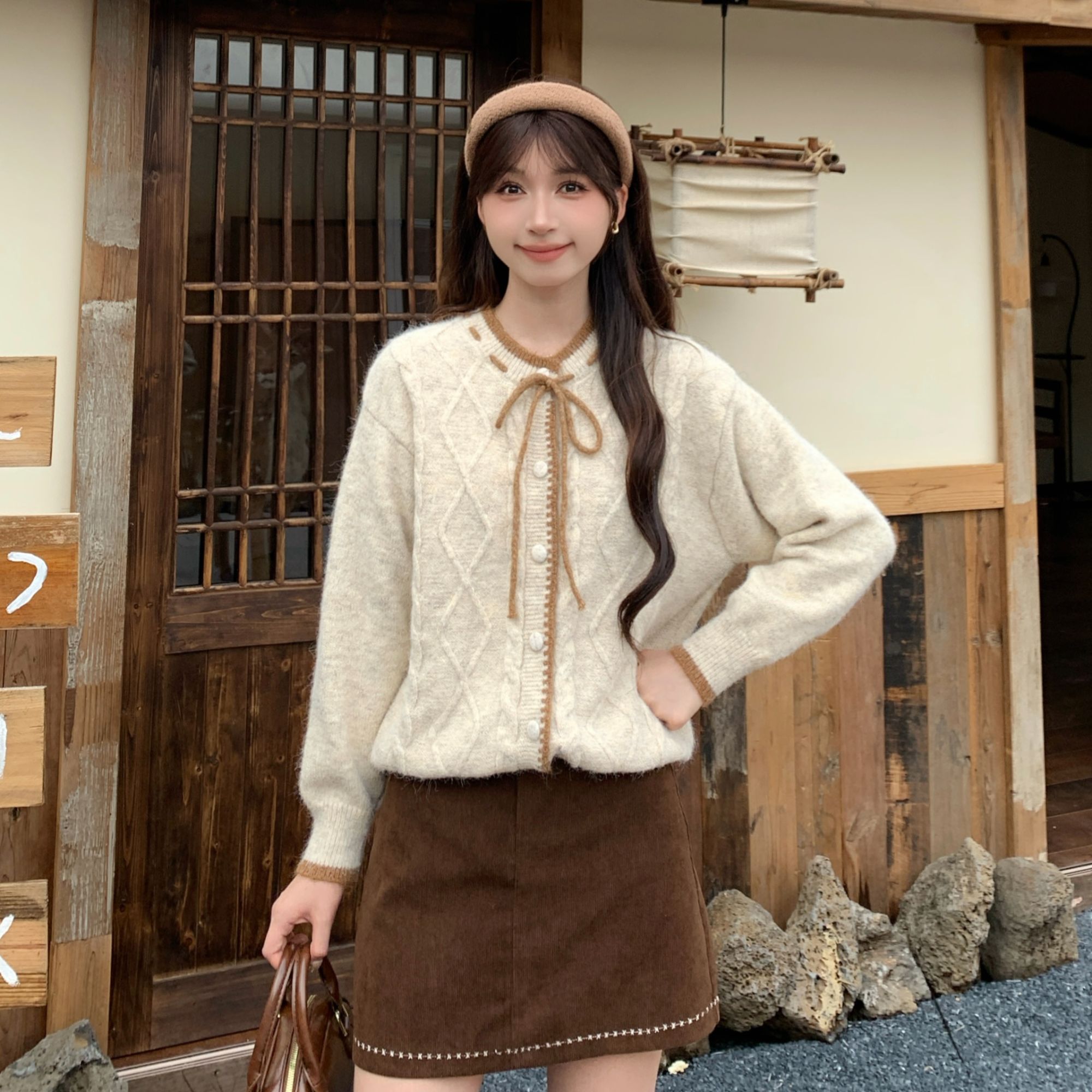 慕兔法式洋气系带领口长袖针织开衫女2025秋季新款时尚百搭上衣