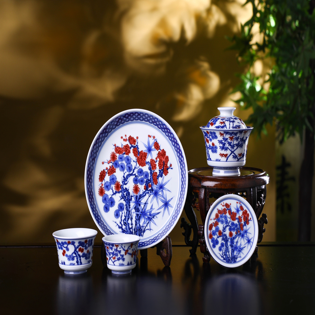 青花釉里红松竹梅五件套套组