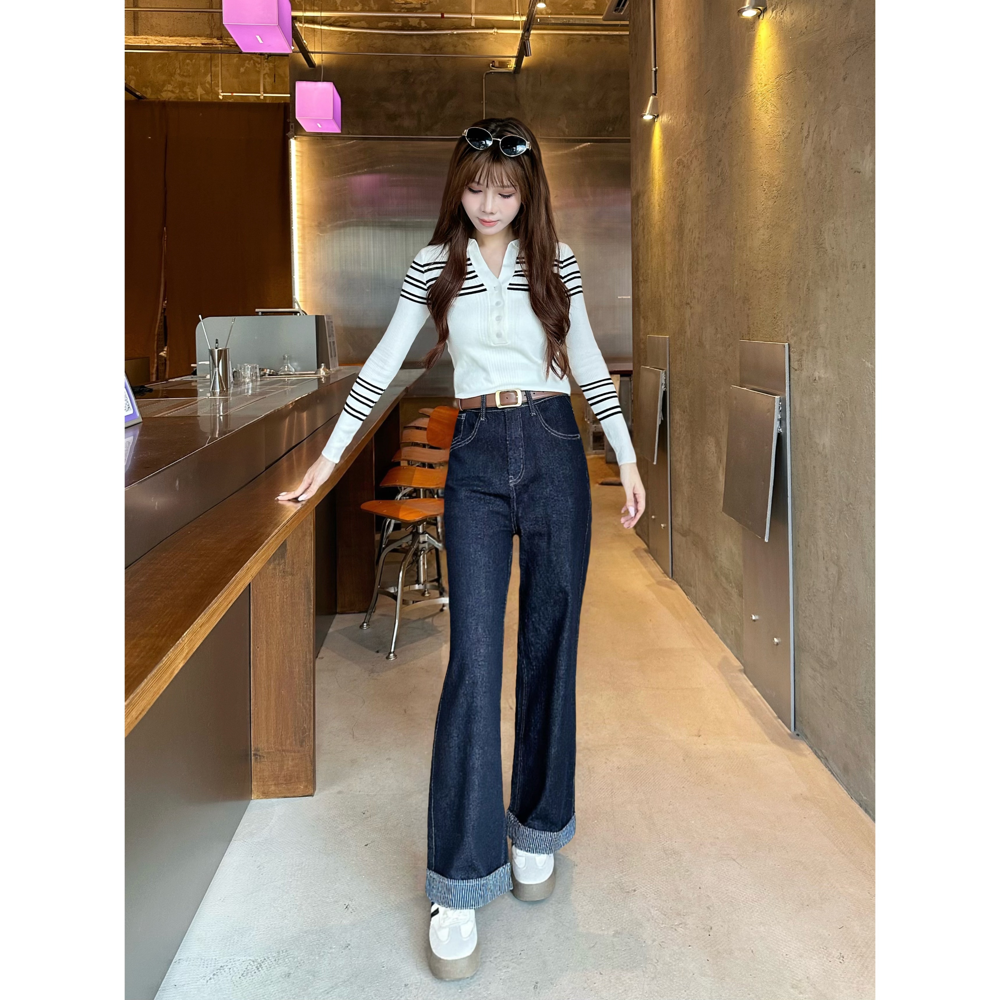 丹宁蓝阔腿牛仔裤女2025年新款美式高腰宽松慵懒休闲微喇-Y008