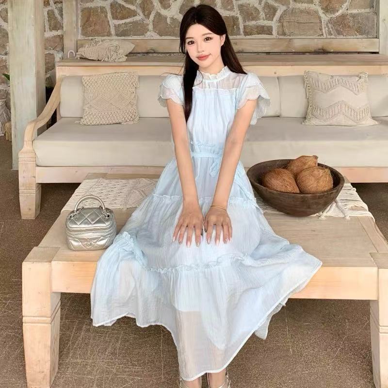 X668683-法式温柔风甜美小飞袖连木耳边衣裙女夏海边度假超仙