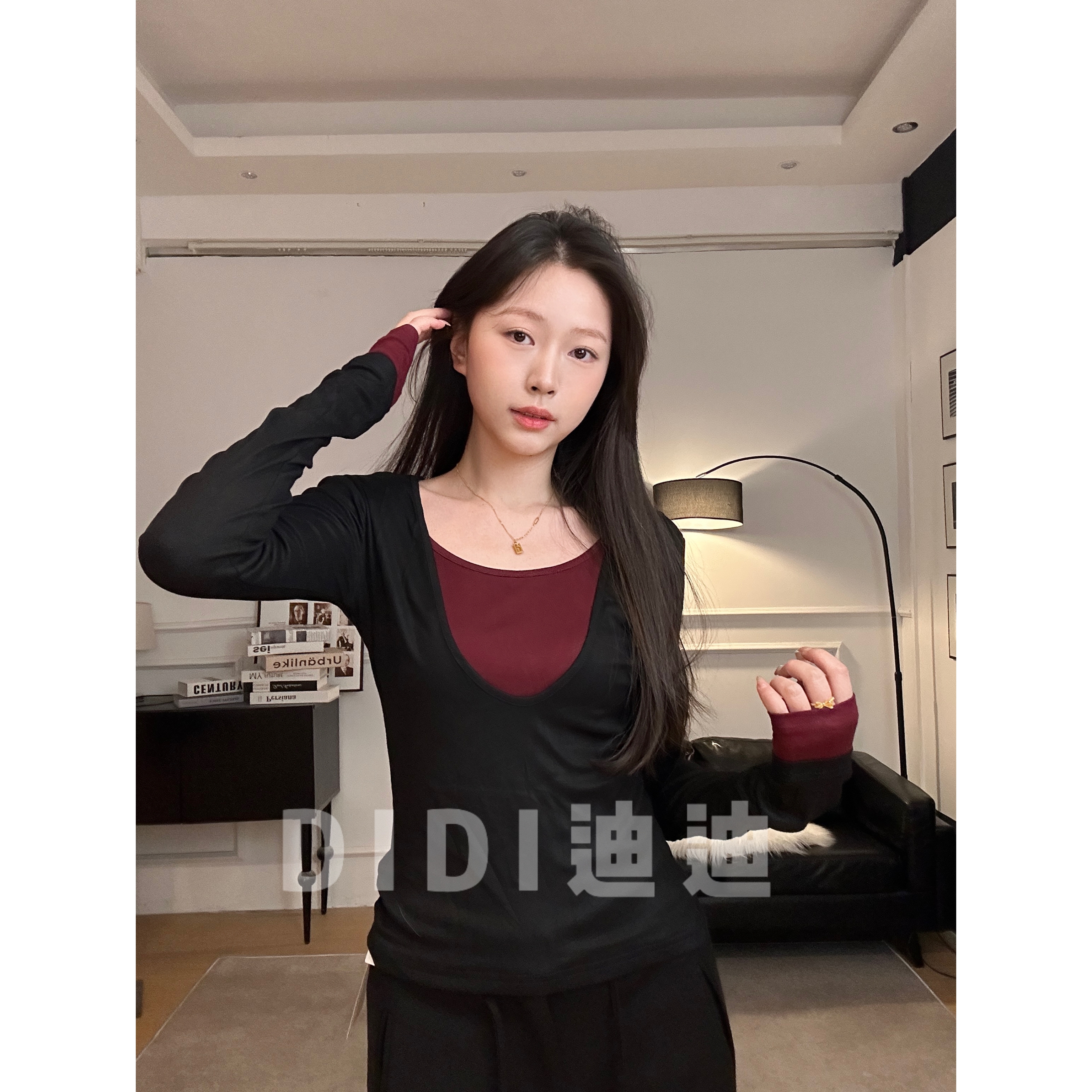 【迪迪】假两件拼接撞色长袖T恤女新款设计感显瘦内搭打底衫上衣