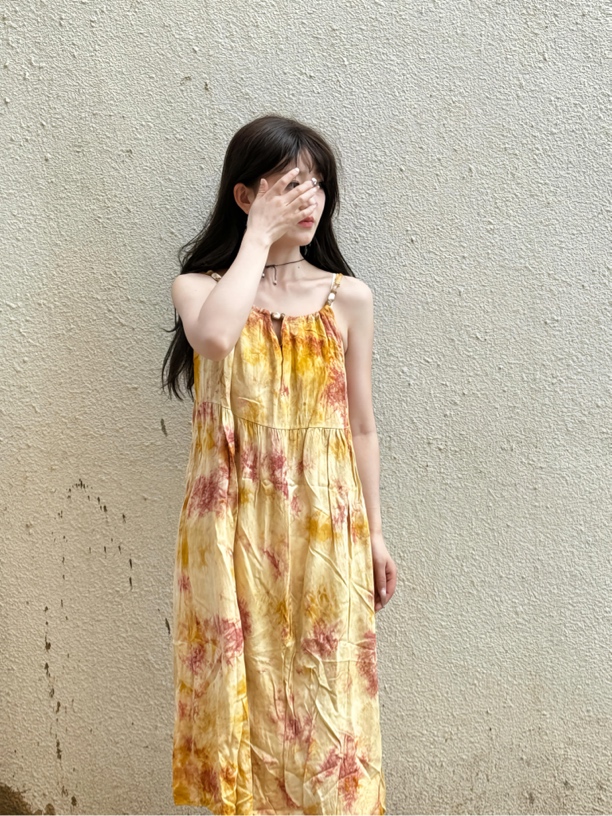 法式碎花宽松腰吊带印花连衣裙无袖女装复古收腰长款显瘦睡裙