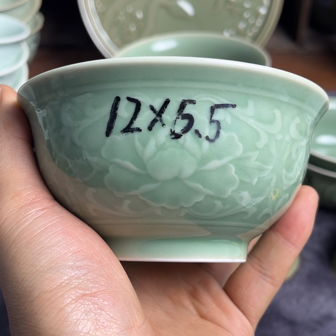 瓷橄榄绿 4.7 英寸牡丹碗 6 只