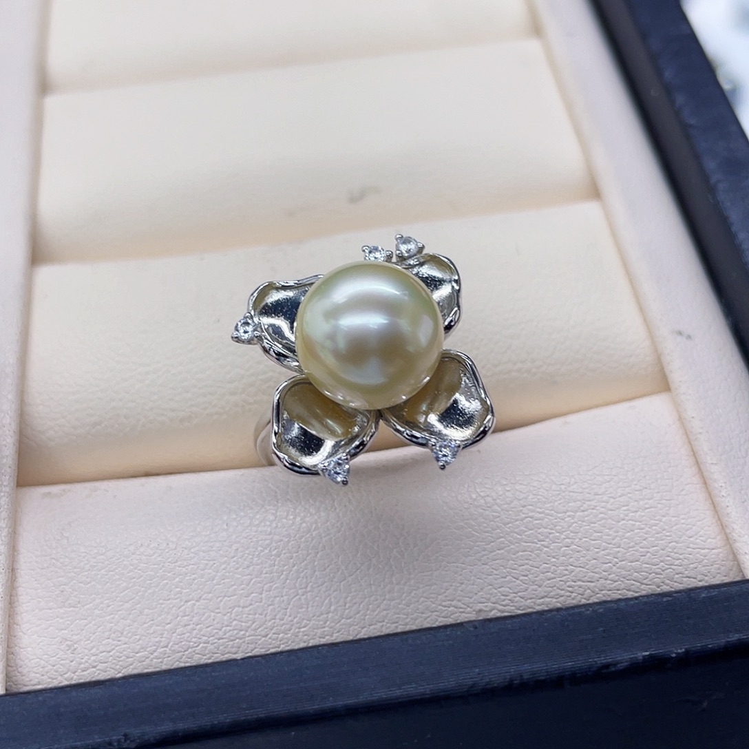 银S925镶嵌戒圈海水珍珠干枯玫瑰戒指