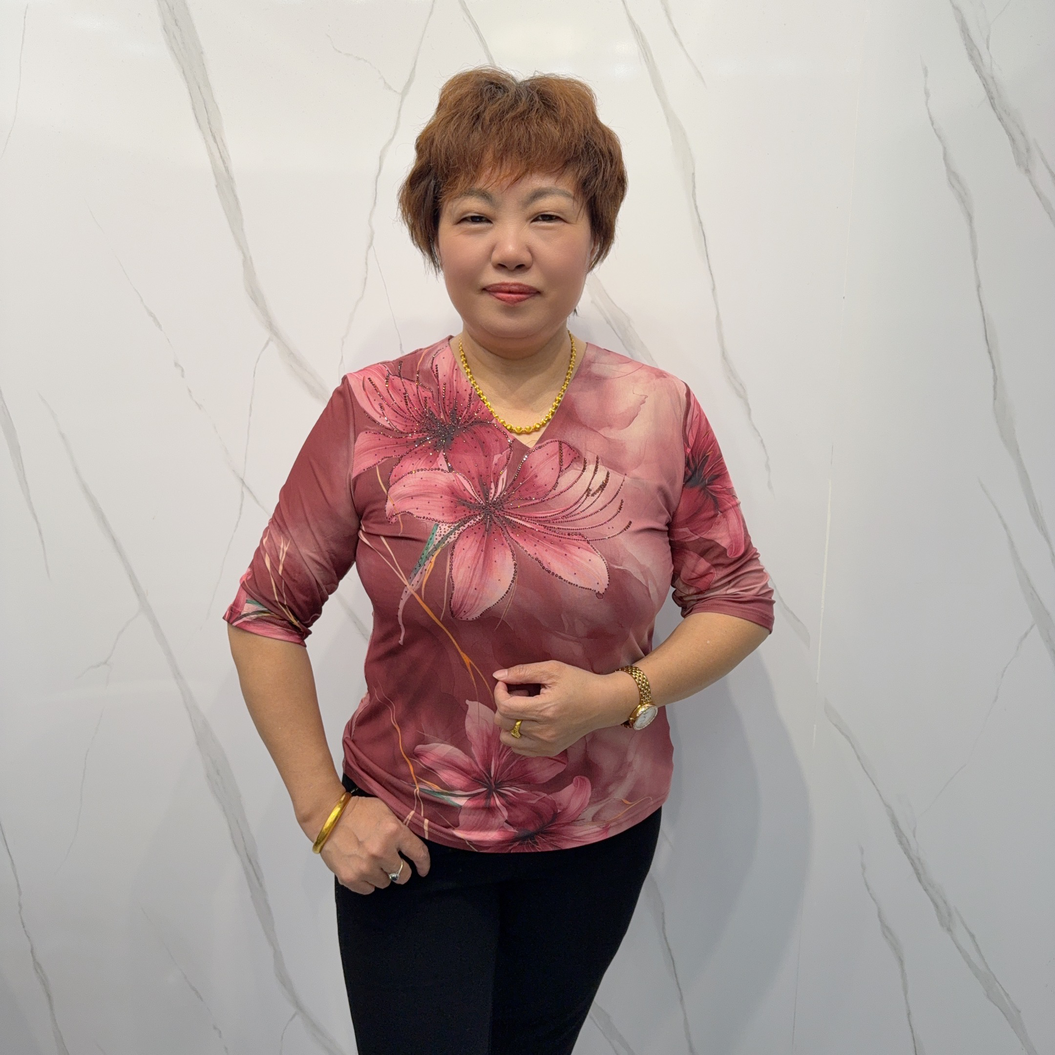 6228秋季新款花式优雅气质V领中袖上衣