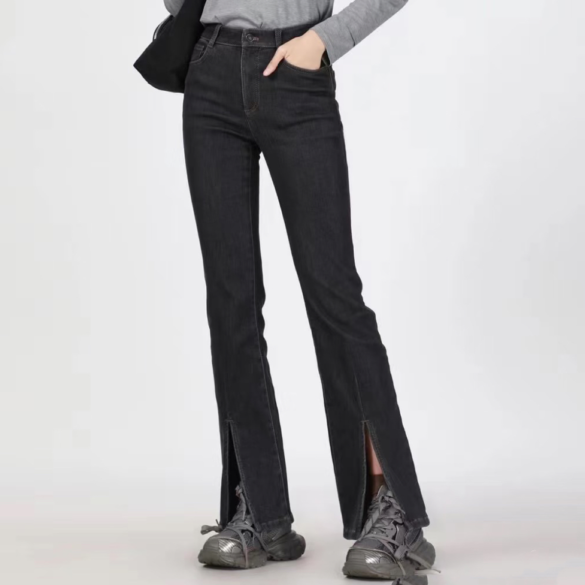 不支持退换 5100467 秋冬简约开衩加绒显瘦微喇牛仔裤