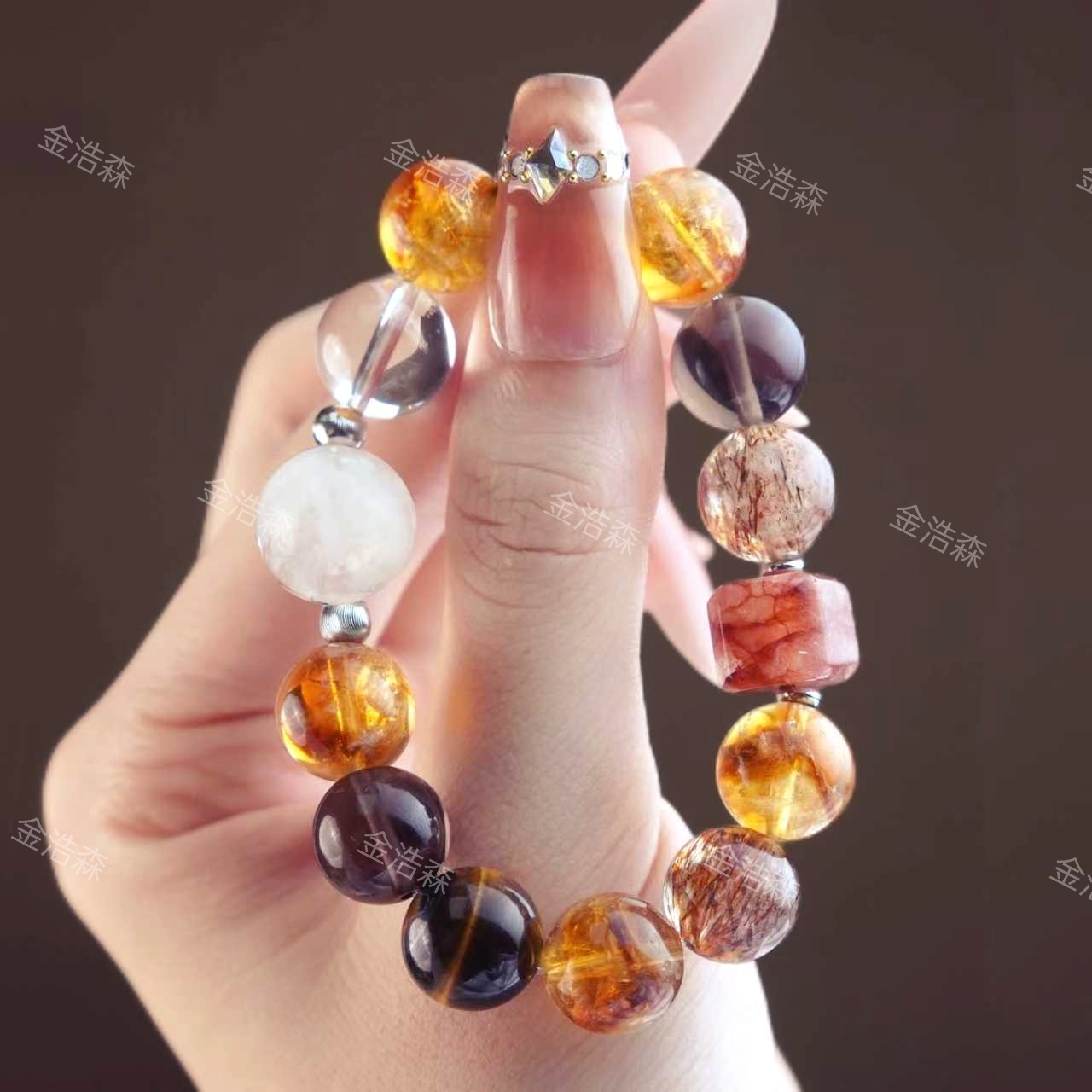 【大金山】天然12mm黑金超七黄塔晶虎眼石白水晶手链配证书礼盒