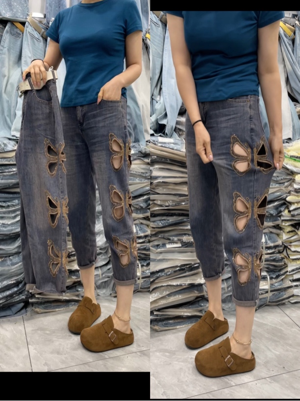 夏季新款高腰蝴蝶镂空烫钻刺绣显瘦垮裤5170-S