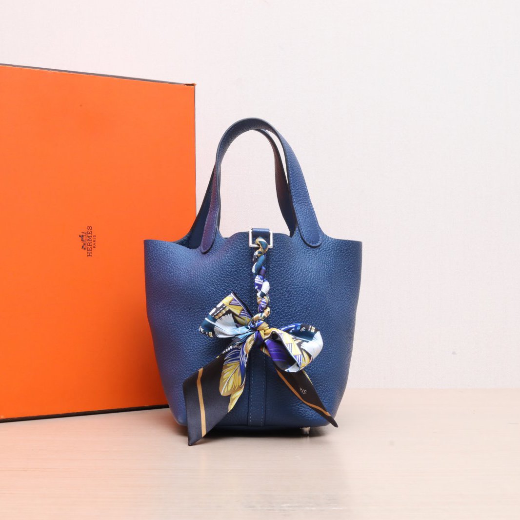 95新 Hermes/爱马仕 小花双双 18 菜篮子 普鲁士蓝 TC皮 Y刻