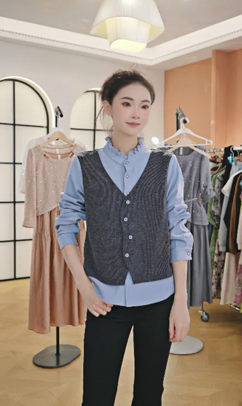 F3032秋新款女装气质百搭假两件拼接衬衫长袖显瘦上衣