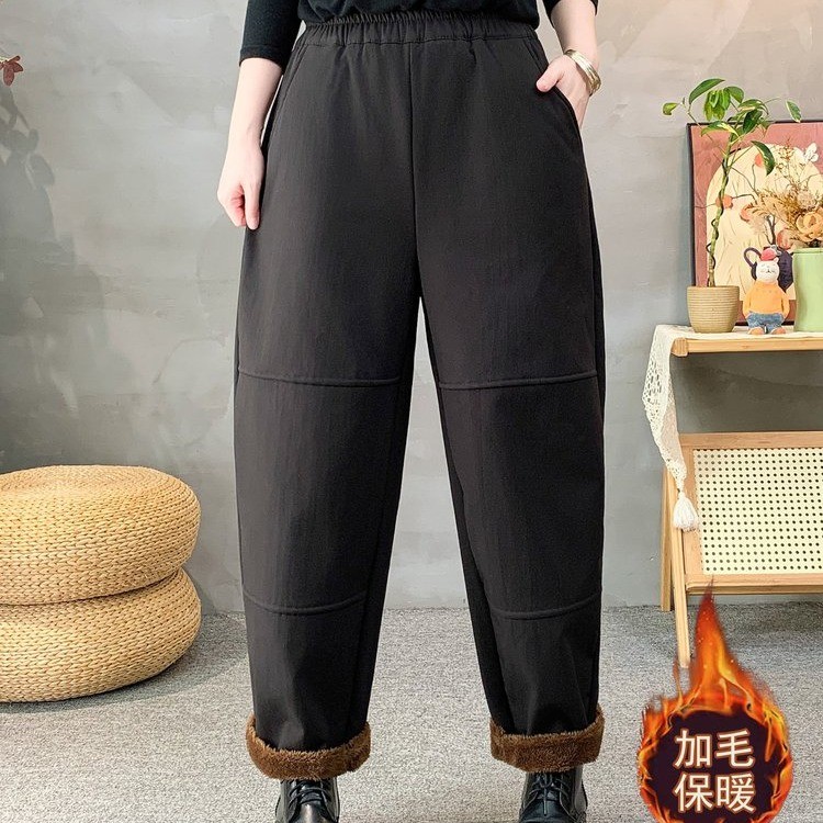 2025新款纯色休闲裤松紧腰哈伦裤加绒加厚裤夹棉长裤时尚保暖棉裤