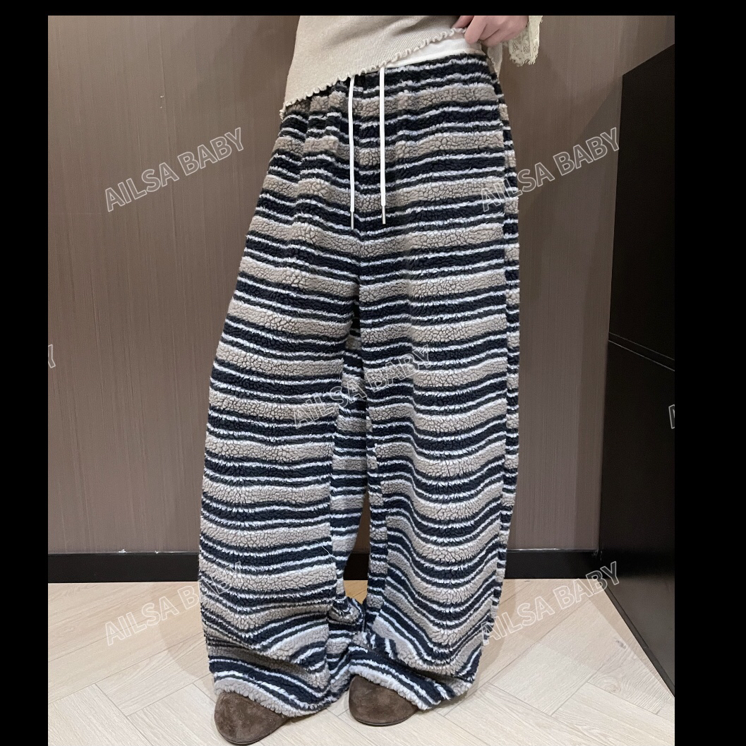 【AILSA BABY】欧货摇粒绒松紧腰裤脚可抽绳条纹阔腿裤/121310A
