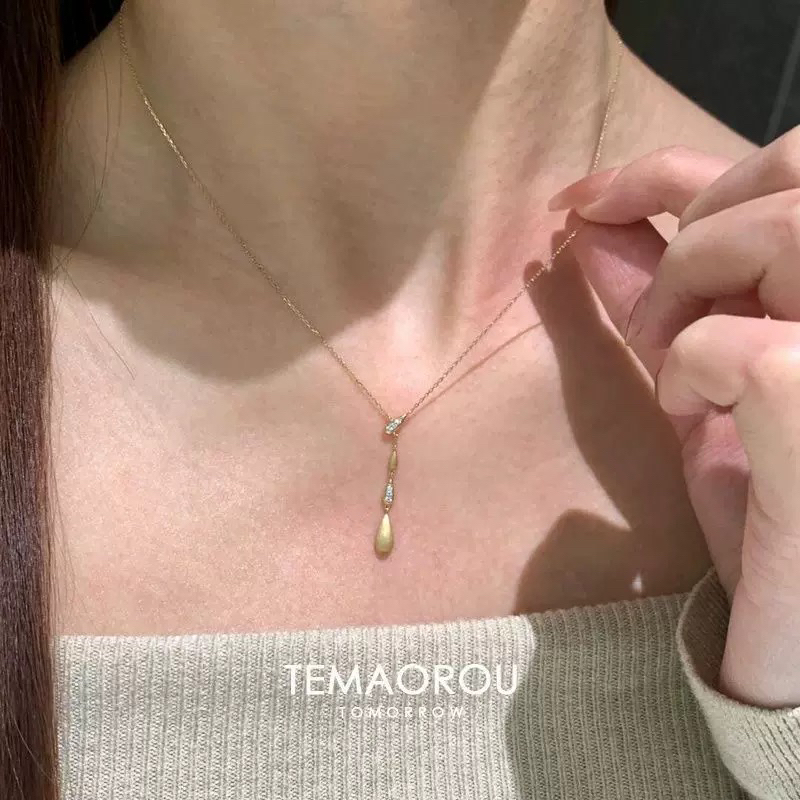合金项链 极简主义y字拉丝金悬浮水滴闪钻极细锁骨链女轻奢高级感