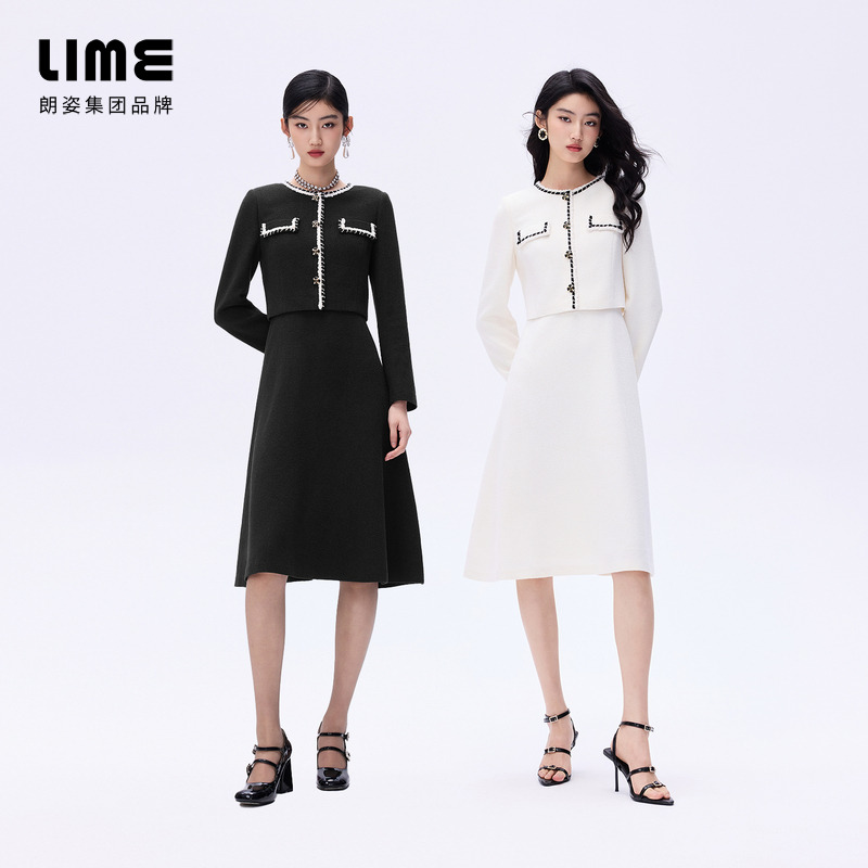 LIME/莱茵【时光律动】简约撞色假两件花呢连衣裙双色LDHADBCOP803