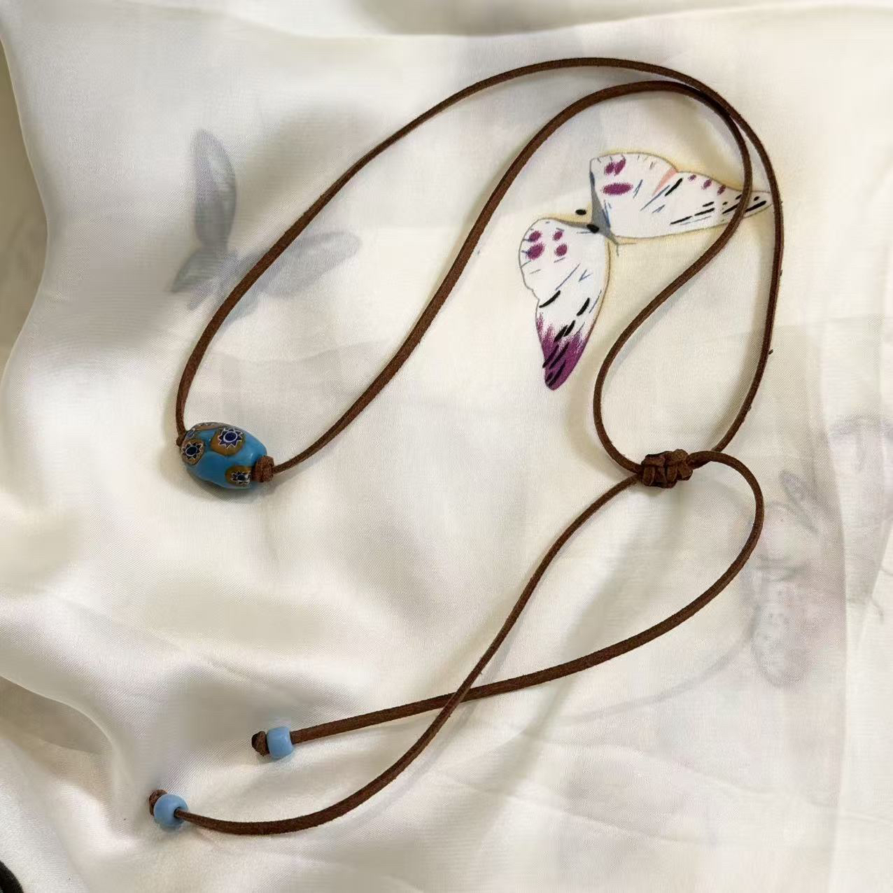 合金琉璃项链 LZ5254-3 蓝色太阳花尼泊尔单颗珠绳编琉璃项链