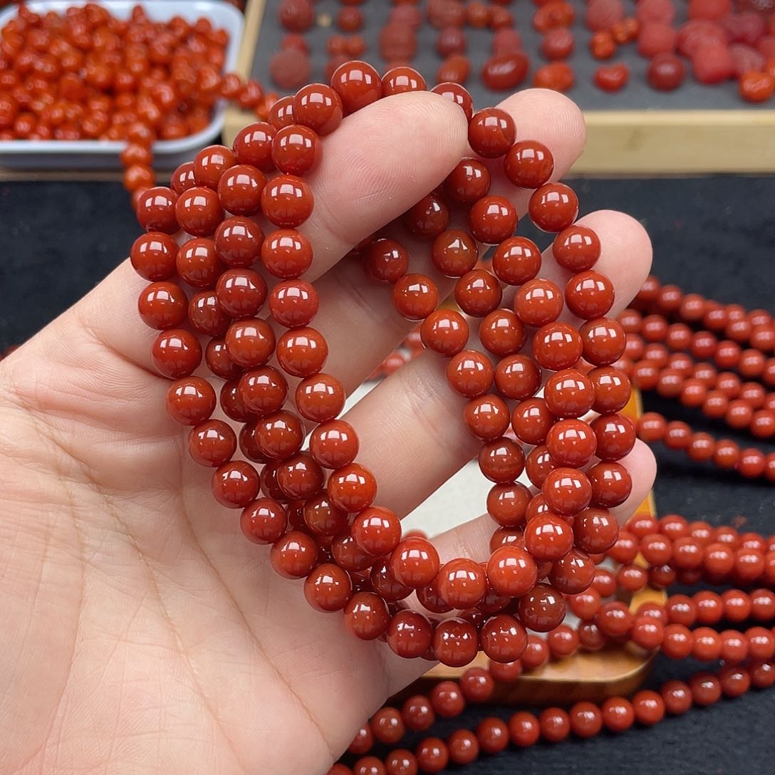 未镶嵌2号瓦西牛血红卡8圆珠108南红玛瑙