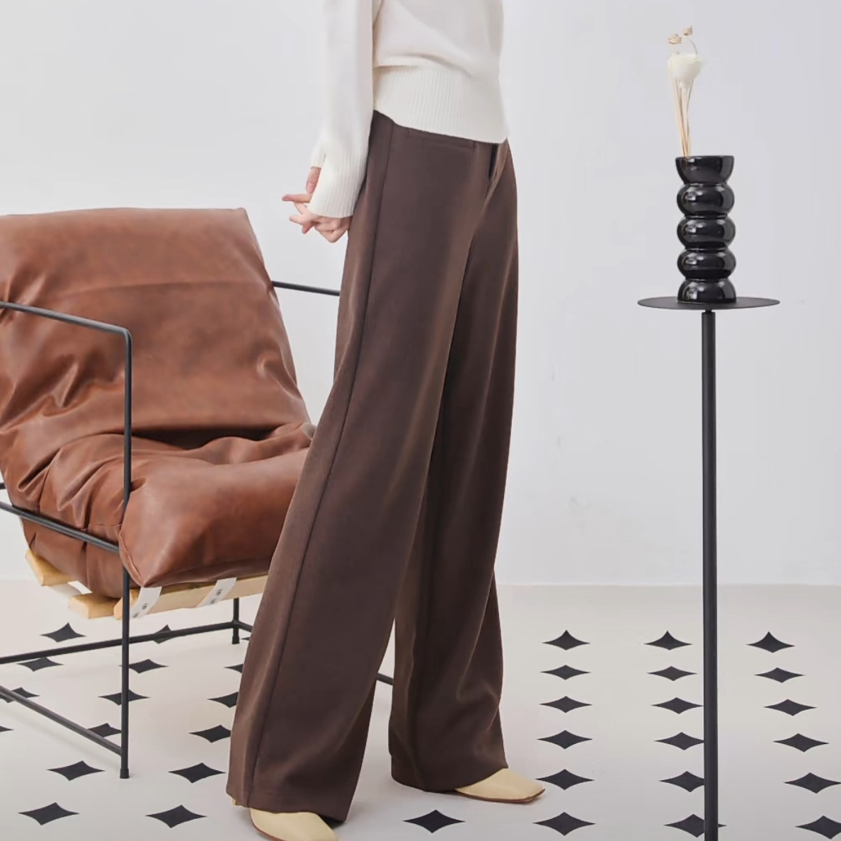 玛丝恩迪130235秋冬季新款西装系扣醋酸高腰直筒阔腿女裤